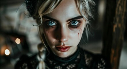 Intense gaze from a young woman with striking blue eyes and dark makeup, conveying mystery and drama.