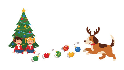 Festive Cheer: The joyous vector artwork depicts a dog dressed with reindeer antler is playful chases Christmas ornaments, while two kids beside the christmas tree.