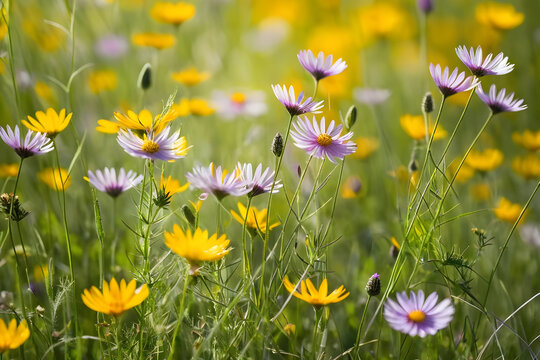 Wildflower meadow under sunlight with yellow daisy purple aster soft focus nature bloom peaceful field