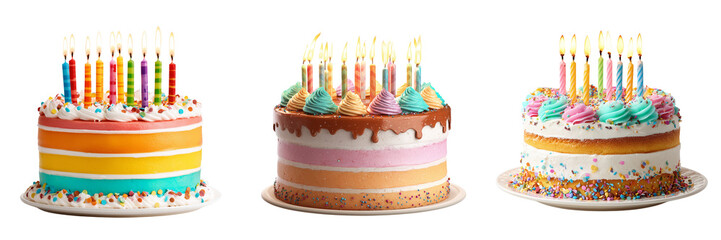 Set of A beautifully decorated birthday cake with colorful candles on top on transparent png background. Ai generated
