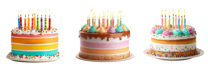 Set of A beautifully decorated birthday cake with colorful candles on top on transparent png background. Ai generated