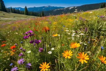 Fototapeta premium Wildflower meadow sunlight, bright petals sway gentle breeze across rolling field, vivid color harmony evokes calm joy near mountain valley