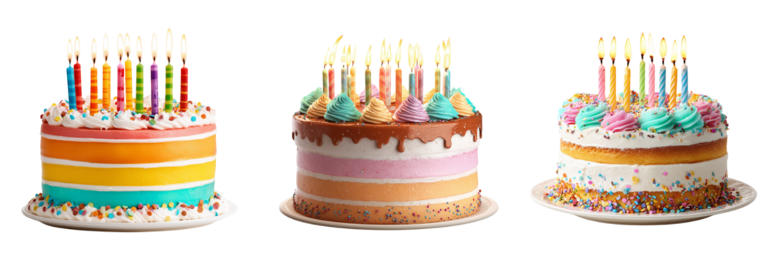 Set of A beautifully decorated birthday cake with colorful candles on top on transparent png background. Ai generated - Powered by Adobe