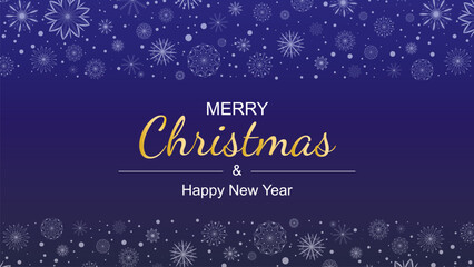 Horizontal banner with Happy New Year and Christmas. Festive blue night layout with congratulatory text and lace. Holiday template with pattern of white snowflakes, vector graphics