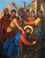 Schilderijen op glas Jezus Christus Vienna - The painting Jesus fall under the cross  as part of Cross way stations in church Rochuskirche by unknown artist.  © Renáta Sedmáková