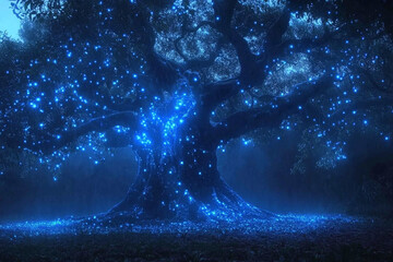 giant tree with bioluminescent leaves glowing through the misty rain