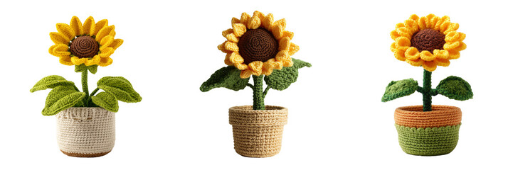 Set of A knitted doll designed as a cheerful sunflower growing from a small pot on transparent png background. Ai generated