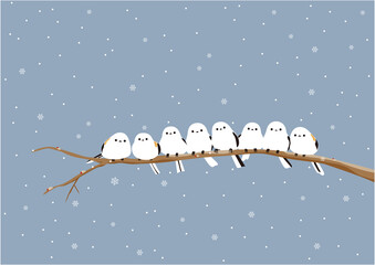 雪が降る中、枝に止まっている沢山のかわいいシマエナガ