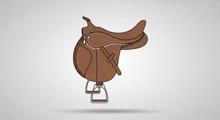 A brown leather saddle with stirrups, used for riding horses, , is a classic piece of equestrian equipment