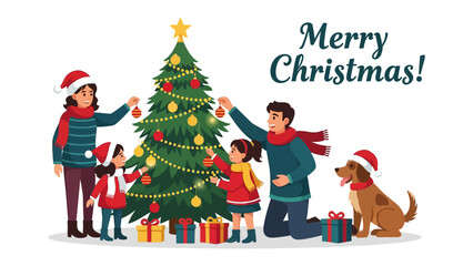 Festive Family Christmas Gathering: A loving family, gathered around a decorated Christmas tree, enjoys the spirit of the season. They're hanging ornaments.