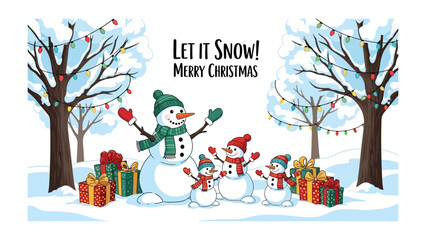 Festive Snow Family: A heartwarming illustration of a snowman family joyfully surrounded by gifts and festive lights, nestled in a snowy winter wonderland, sharing the warmth of Christmas joy.