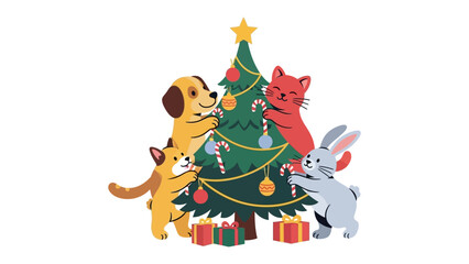 Festive Feline Friends: A cheerful illustration of a dog, two cats and a rabbit decorate a Christmas tree, creating a joyous and festive scene filled with holiday cheer. 