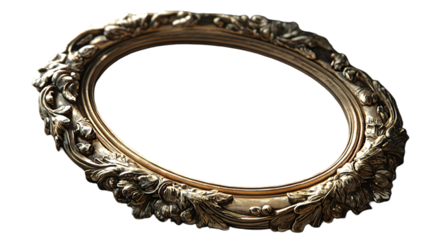 Ornate golden frame with floral and leaf details against a dark background in a studio setting