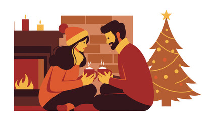 Cozy Christmas Moment: A couple shares a warm and intimate moment, sipping from mugs in front of a fireplace and a Christmas tree, embodying the spirit of warmth and togetherness.