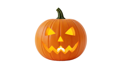 Carved halloween jack o lantern with glowing face isolated on transparent background