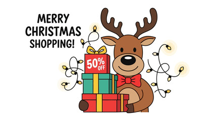 Holiday Shopping Cheer: A festive illustration of a reindeer adorned with Christmas lights and a bow tie, holding a stack of wrapped gifts, a cheerful invitation to embrace the season's shopping!