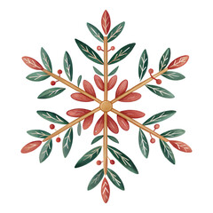 Watercolor Christmas snowflake with leaves and berries