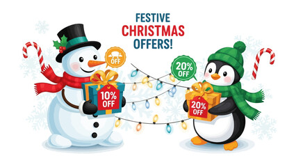 Festive Christmas Offers: A charming scene unfolds with a cheerful snowman and a playful penguin, both offering delightful gift boxes adorned with enticing discounts against a festive background