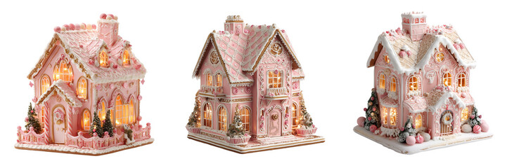 Set of Festive pink gingerbread house decorated with white icing, snowflakes on transparent png background. Ai generated