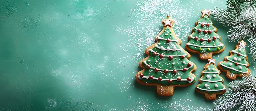 Festive Christmas tree-shaped cookies, decorated with white icing and colored sprinkles, copy space
