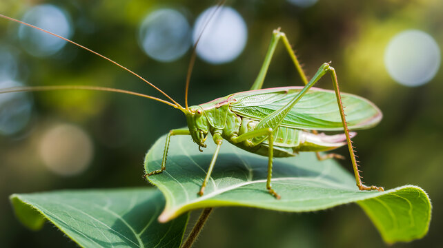 A macro photograph of a green katydid insect perched on a large green leaf