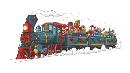 Festive Locomotive Journey: A whimsical train laden with presents, children, and a celebratory wreath glides through a snowy wonderland.