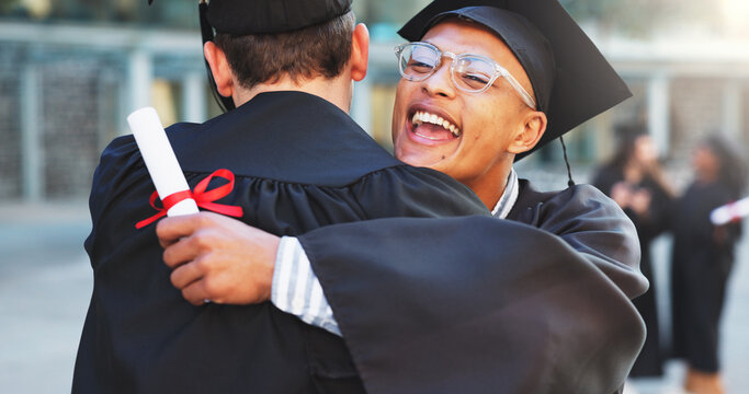 Excited man, hug and celebrate graduation with diploma, education achievement or congratulations. Graduate, students and people embrace with certificate, college goal or success with friends outdoor