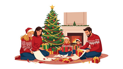 Family Christmas: A family gathers together, enjoying the festive spirit of Christmas. They are engaged in unwrapping presents beside the Christmas tree.