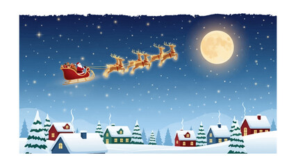 Christmas Night Flight: Santa Claus soars through the snowy night sky on a magical journey, his sleigh pulled by reindeer, delivering gifts to the homes below. A serene scene of holiday cheer. 