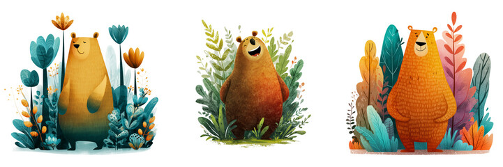 Set of Simple cute bear cartoon on transparent png background. Ai generated