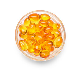 Bowl with vitamin E capsules on white background
