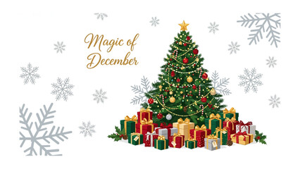 Magic of December: An artfully decorated Christmas tree, aglow with festive lights and ornaments, stands amidst a colorful array of wrapped gifts.