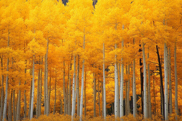 Golden Aspen Grove in Autumn A forest of glowing golden aspens sways gently in crisp autumn breeze, painting landscape with fiery hues