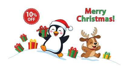 Holiday Cheer and Festive Savings: A joyful penguin in a Santa hat and a reindeer are featured amidst falling gift boxes, celebrating Merry Christmas with a special 10% discount.