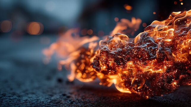 Intricate fiery flames and sparks, close-up abstract photo against a dark background.