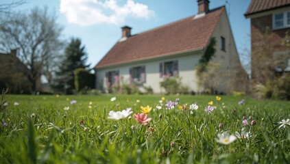 Pastoral Scene with Flowering Meadow and Blurred Houses in the Background.
