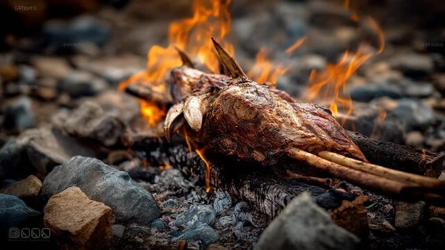 Roasted whole lamb and lamb rack slow roasted over open fire on rocky campfire spit with glowing flames, charred crust, smoky outdoor meat roast