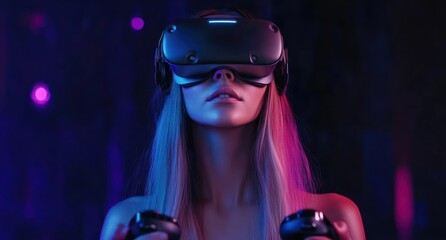 Young woman immersed in virtual reality experience wearing VR headset and holding controllers surrounded by purple and blue neon lights