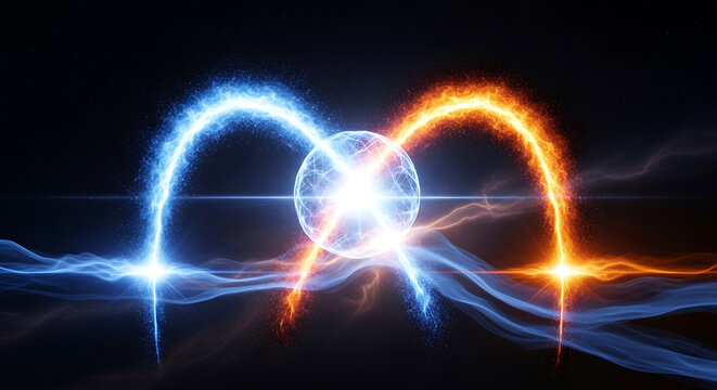 Abstract glowing energy orbs colliding with swirling light particles