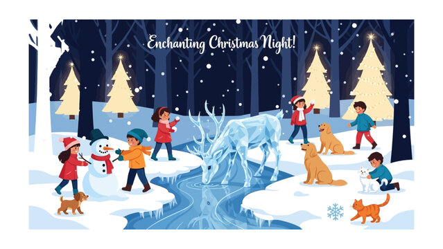 Enchanting Christmas Night Scene: Children and pets are joyful in winter wonderland celebrate holiday in snowy weather.