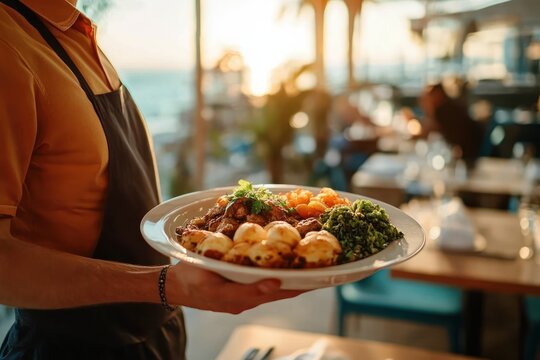 Waiter presenting a large plate of assorted cooked food including greens, roasted potatoes, meat, and vegetables in a bright restaurant with sunset lighting