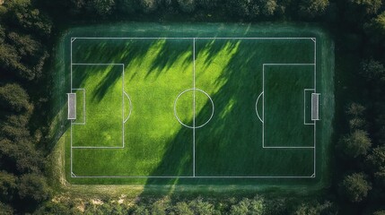 Aerial view of a green soccer field surrounded by dense trees with sunlight casting long shadows over the grass
