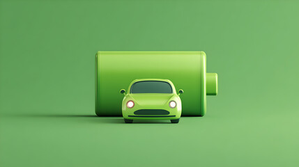 Green Electric Car with Battery on a Bright Green Background Illustrating Eco-Friendly and Sustainable Transportation Solutions in Modern Urban Living