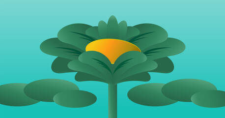 Abstract tropical flower vector with green layered leaves and a yellow center, perfect for nature themes, branding, or modern graphic design projects.