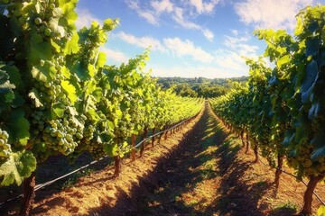 Obraz premium Vibrant vineyard rows filled with ripe green grapes under a bright blue sky with soft clouds in a sunlit landscape