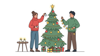 Festive Decorating: A couple working together to decorate a Christmas tree, with cheerful spirits and the anticipation of festive joy in the air.