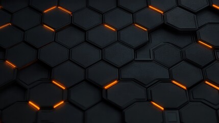 dark hexagonal grid with glowing orange accents creating a futuristic and technological atmosphere