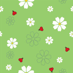 Green seamless pattern with red ladybugs and white daisies in cheerful garden spring style