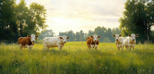A group of five cows standing calmly in a sunny green meadow with wildflowers and trees in the background during a serene day
