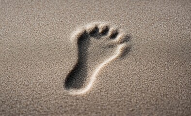 Close-up of a single human footprint pressed into fine sandy surface under sunlight